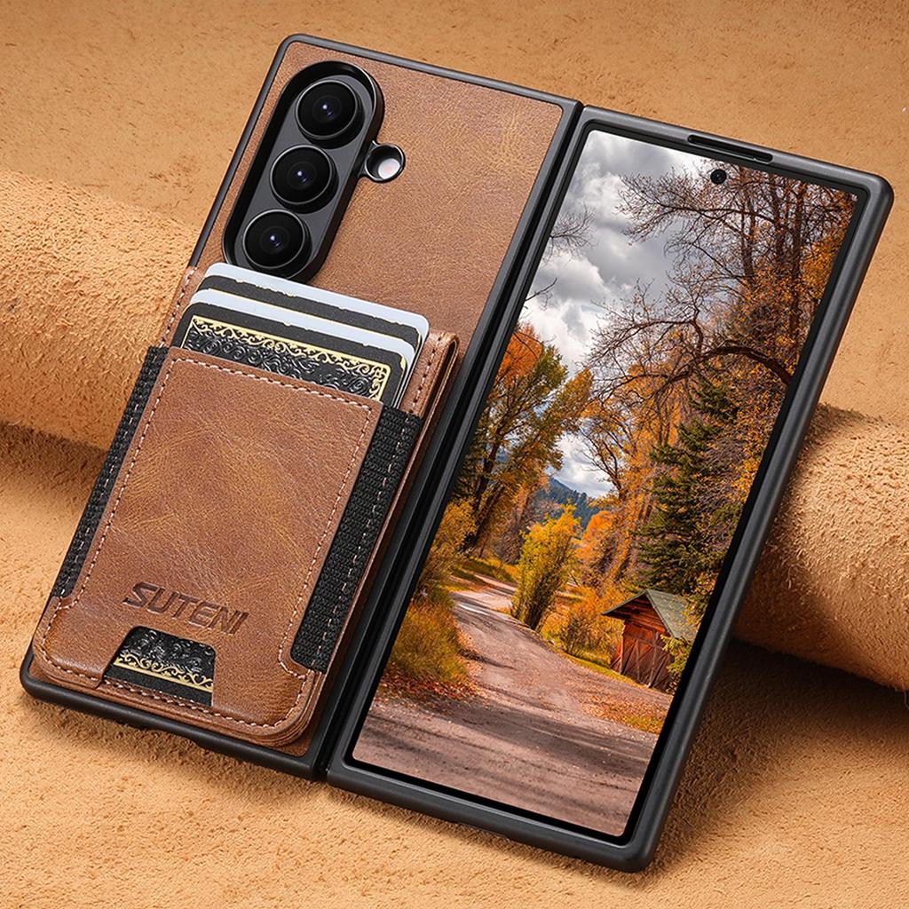 SUTENI Leather Case for Samsung Z Fold 5/6/7: Oil Wax Texture, Card Slot, Elastic Band, Stand Function.
