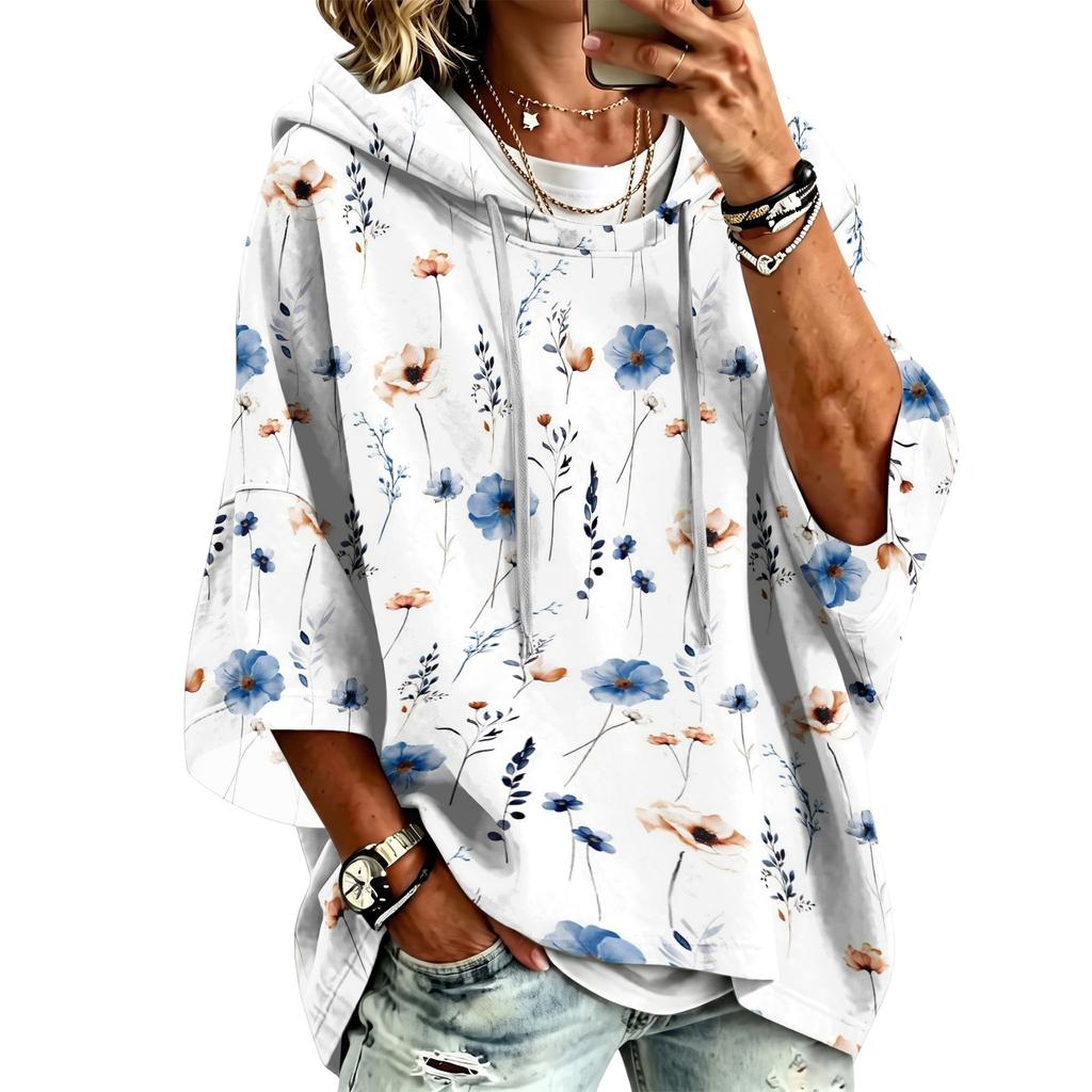 Women's Vintage Floral Print Hooded Pullover Top with Three-Quarter Sleeves for Casual Daily Wear