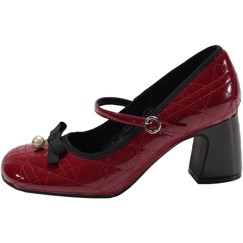 

Fashion Spring New Coarse Heel Single Shoes Women Round Head Shallow Mouth Butterfly Knot Line with Anti-slip Wear-resistant High Heels 39 красный