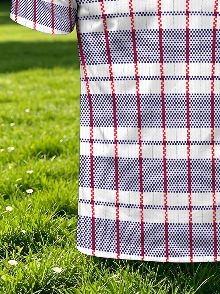 Men's Short-sleeve Polo Shirt, Available in Multiple Sizes. Features a Button- Collar with a Red and Blue Checkered Stripe Pattern on a White Base.