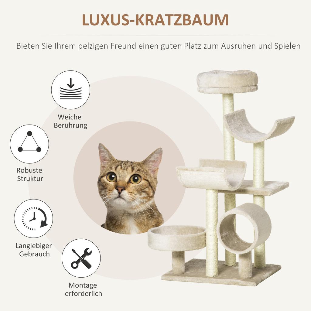 Cat Tree 105cm Cat Tower with Tunnel, Platforms Cat Scratching Post with Sisal Scratching Posts, for Cats up to 5 kg, Beige