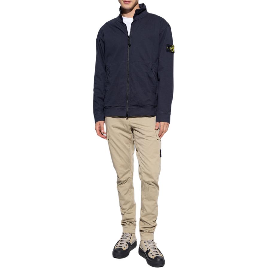 STONE ISLAND Solid Color Stand Collar Zip Pattern Print Embroidered Slim Fit Long Sleeve Sweatshirt Men Sweatshirt Navy-Blue 791562050-V0020