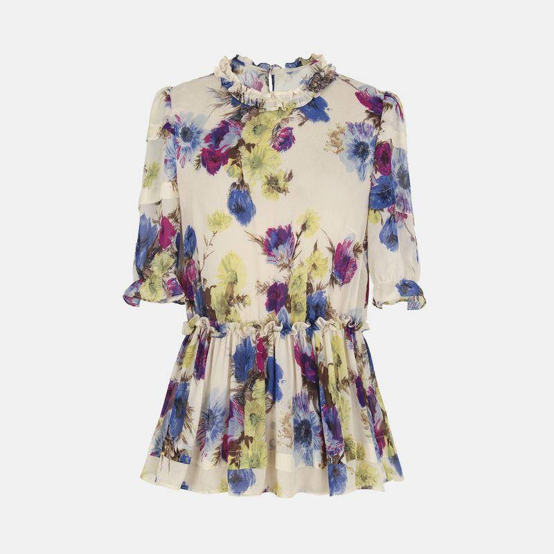 

Blue Rose Plus size women clothing Summer New Fresh Print Short sleeve Dress ~ Flower Bud Sleeve Waist Shirt Shirt L