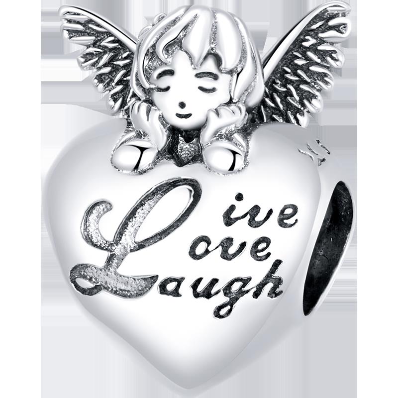 WOSTU 925 Sterling Silver Rainbow Moonstone Beads Heart Charms Angel Guard Pendant Fit Original Bracelet DIY Neckalce