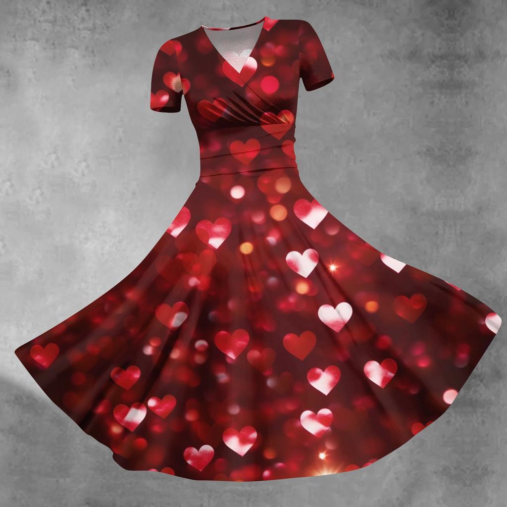 Women's Princess Dress Sexy V-neck Valentine's Day Print Waist Pull Pleated Short Sleeve Dress