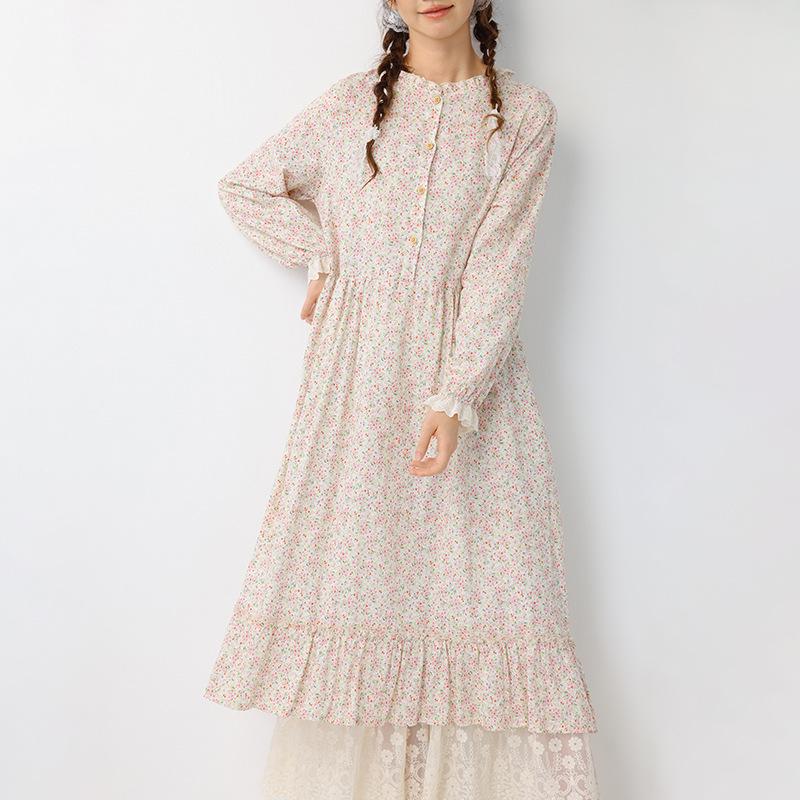 Spring Women's Mori Style Floral Cotton Linen Long Dress with Ruffle Patchwork