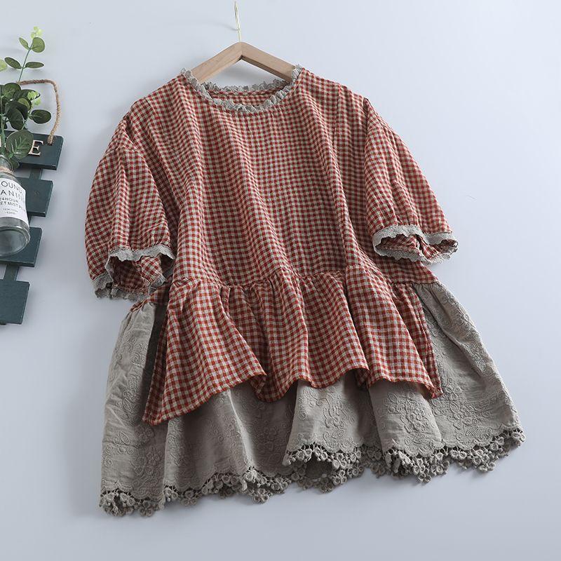 

Summer Mori look Lace Collar Short sleeve Plaid Doll Shirt Women Artistic Contrast Color Loose All-Match Design Split Top Burgundy One size