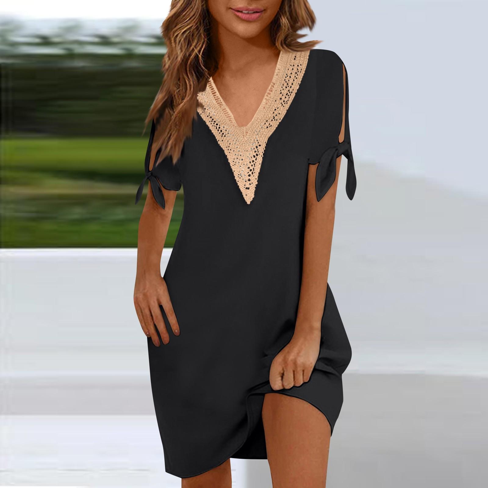 Новое женское модное однотонное кружевное платье с v-образным вырезом и завязками — фото 10