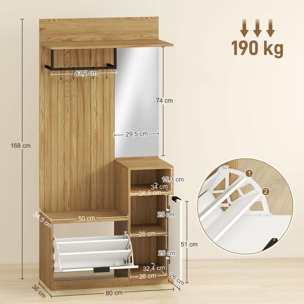 6-in-1 Entryway Furniture, Hallway Coat Rack with Foldable Shoe Bench, Mirror, 80x36x168cm, Oak