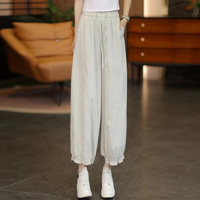 Plus Size Women's Ruffle Lace Ice Silk Lantern Pants - Korean Style, Breathable, Versatile Casual Nine-Point Pants for Spring/Summer