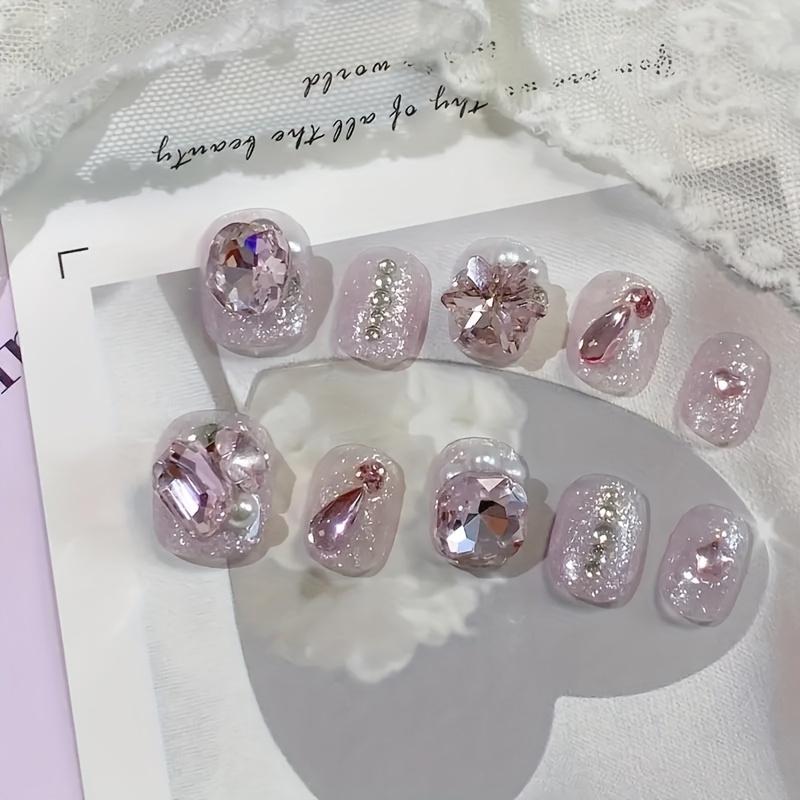 10 Pcs High End Short White Glitter Heart Handmade Fake Nails Sweet Press On Manicure