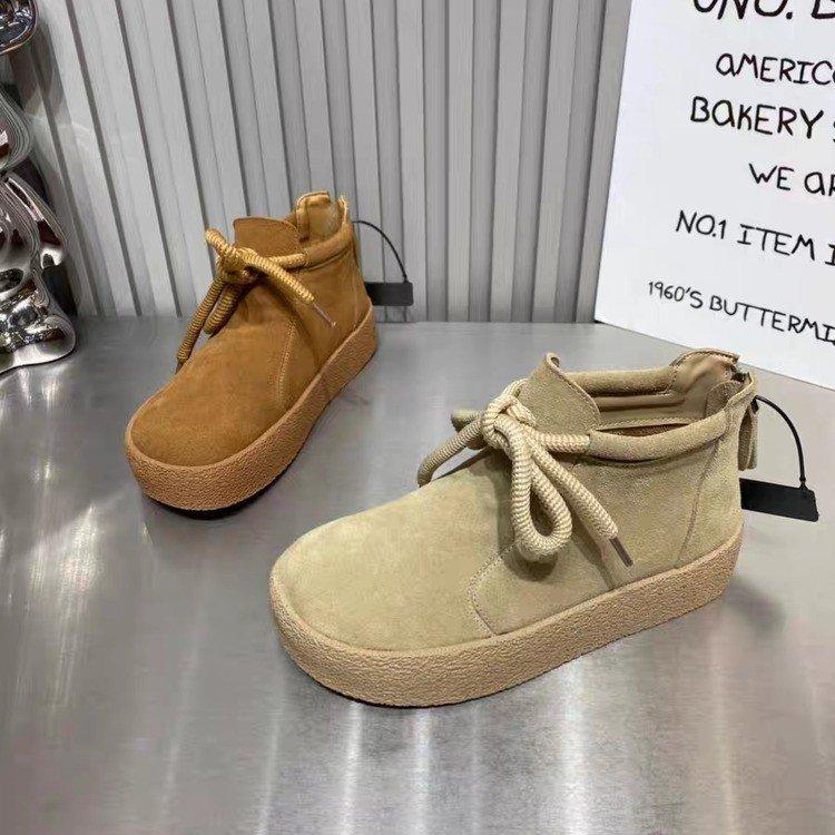 Doll head pure leather flip fur flat-soled short boots women's retro soft-soled lace-up Martin boots comfortable and non-slip low-top single shoes