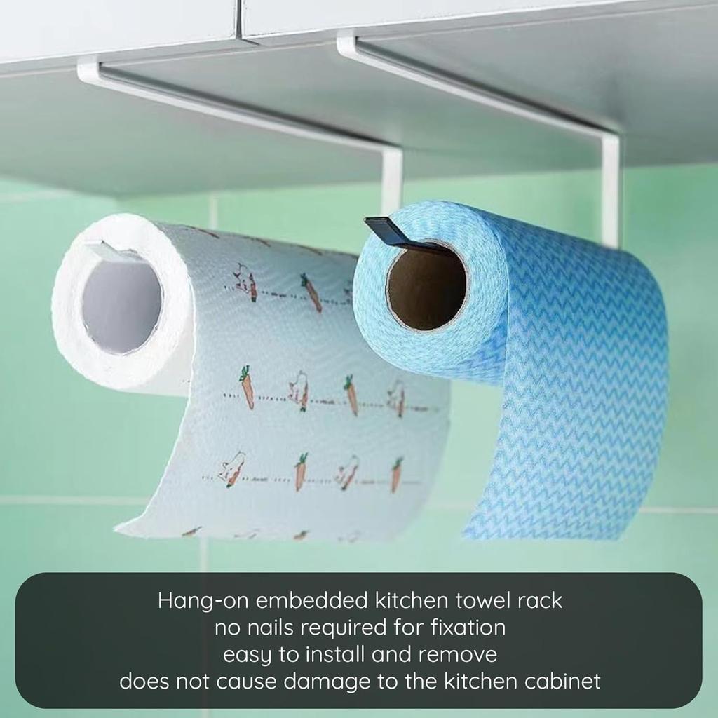 Under Cabinet Paper Towel Holder - Embedded Roll Dispenser for Kitchen with Adhesive Mount - No Drill Hanging Storage Rack for Tissue and
