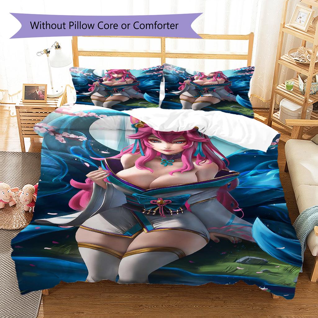 KDA Ahri Pattern Bedding Quilt Set Quilt Cover Pillowcase Home Decoration Gift (1 * duvet cover + 2 * pillowcase, without core)