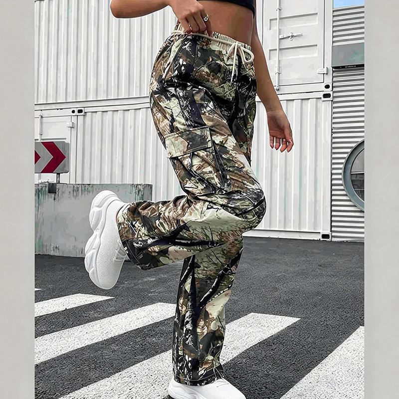 Women Camo Cargo Pants High Waist Wide Leg Drawstring Multi Pocket Trousers