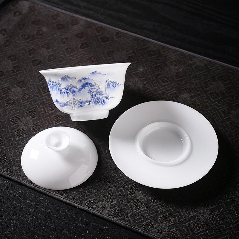 Ice Type White Porcelain Yuanbao Gaiwan Tea Set - Large Peony Flower Design