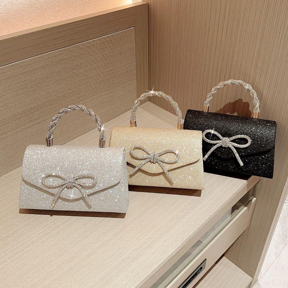 Fashion Rhinestone Bowknot Evening Bag Glitter Gold Silver Bow Chain Bag Clutch Bag for Women Female