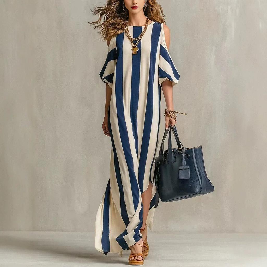 European and American Striped Off-the-shoulder Long Dress Loose Shoulder-down Split-end Drape Vacation Casual Blouse Long Dress Women's Clothing