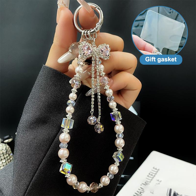 Y2K Trendy Sweet Beaded Phone Lanyard Ins Style Bow Beads Cellphone Charm Anti Lost Wristband Mobile Phone Chain Camera Pendant