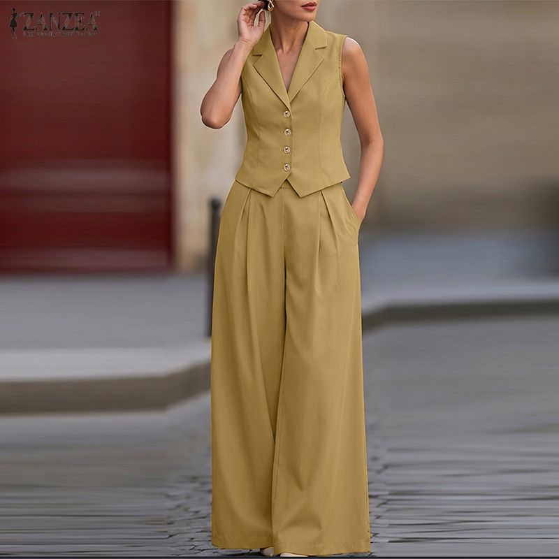 ZANZEA Women Sleeveless Vest Tops and Wide Leg Pants Casual Two Piece Suit Sets