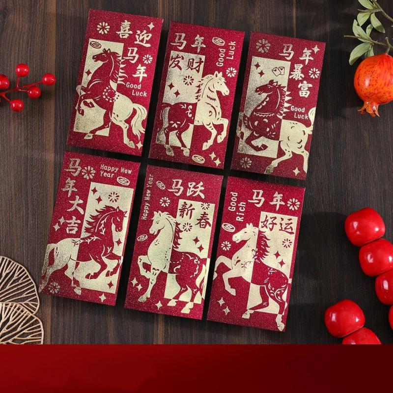 6-Pack 2026 Year Of The Horse Chinese New Year Lucky Money Envelopes, Cartoon Red Packet For Spring Festival