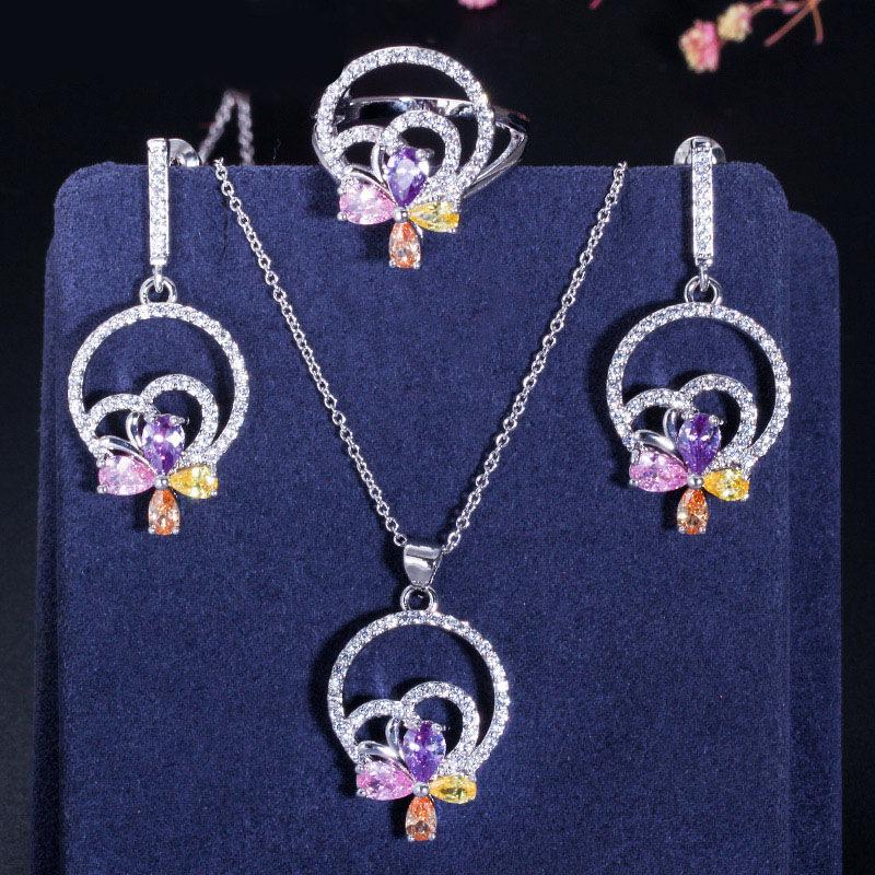 Simple Flower Zircon Set Necklace Earrings Ring Three-Piece Set Multi-Color Optional