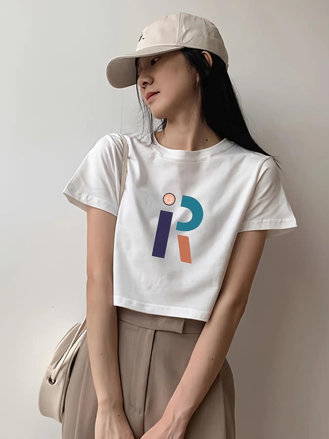 

WoУнисекс КорейскаяЯпонская KFashion Укороченная Футболка с Большой Буквой P Харадзюку Короткий Рукав Повседневная Эстетичная Одежда S