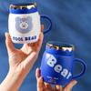 Couple Mug with Lid Mirror Cup Cool Blue Bear Cartoon Style Ceramic Cup Work Coffee Cup Mug Set Water Drinking Cup Gift Durable
