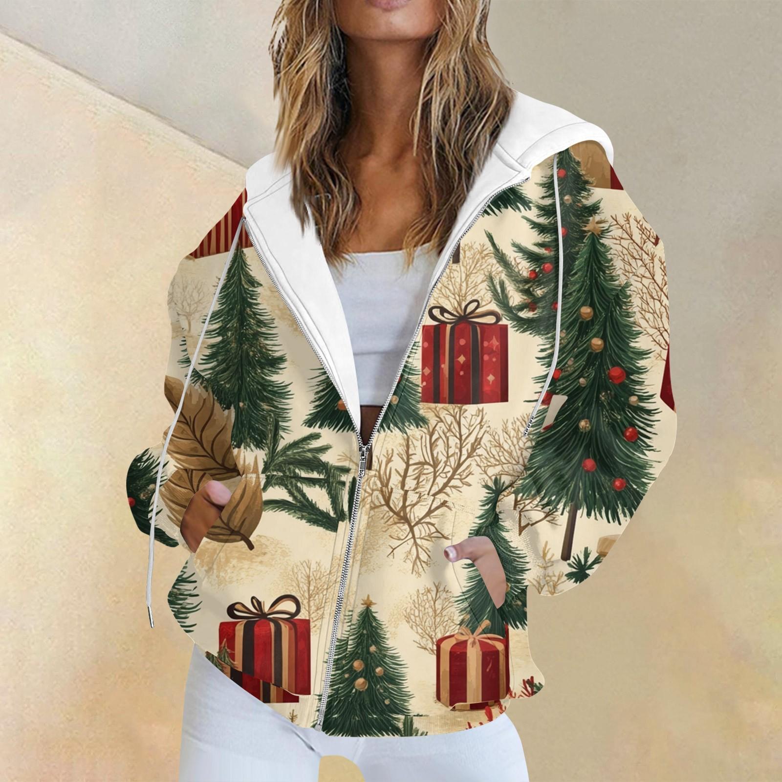 

Женская повседневная рождественская печатная толстовка на осень и зиму с длинными рукавами и карманом на молнии с капюшоном XL