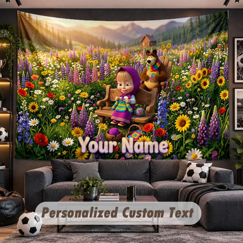 Wall Hanging Tapestry Custom NameMasha and the Bear Pattern Personalized Printed Fabric Wall Decor