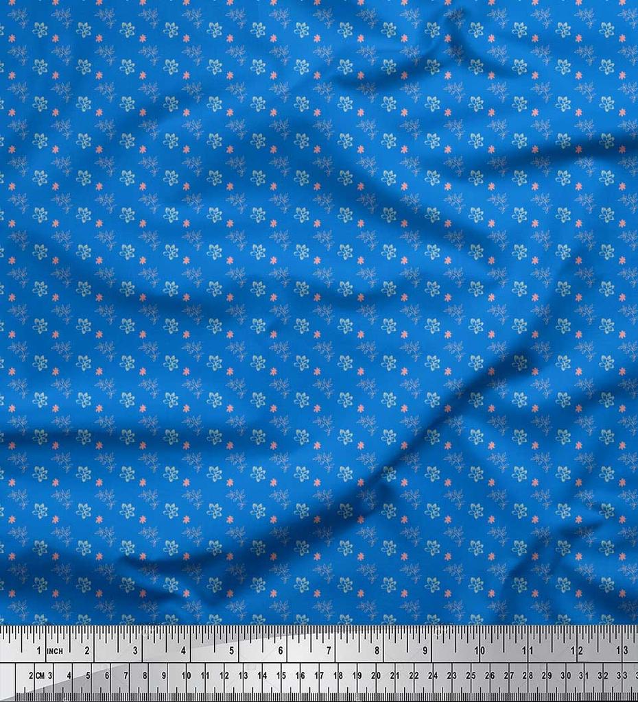 Soimoi Blue Japan Crepe Satin Fabric Leaf Floral Print Sewing Fabric Metre 42 Inch