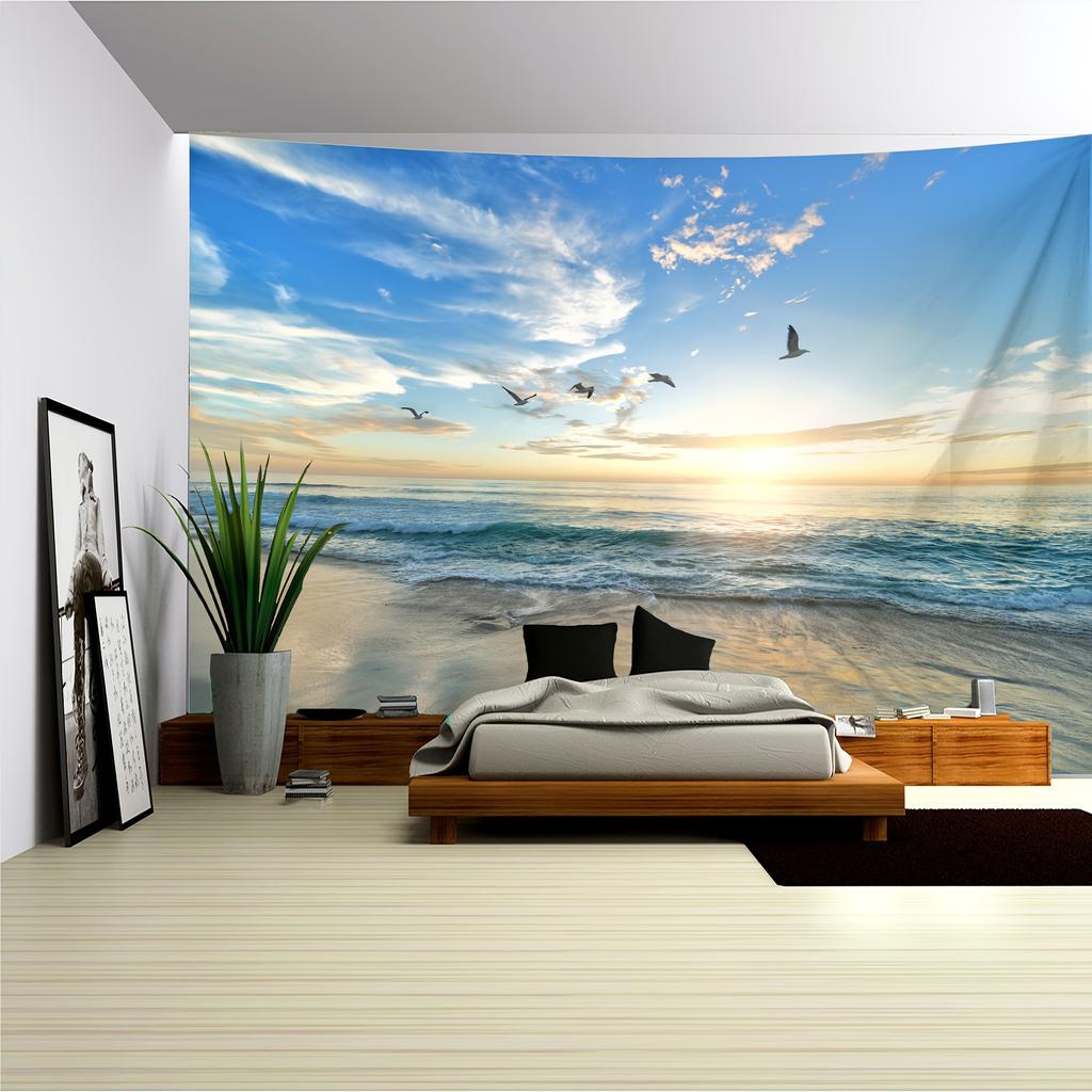 2D FlatA Large linen Tapestry Featuring a Beach Landscape Suitable for Home Decor No Installation Required