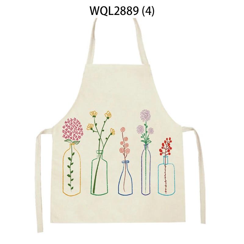 Adult Kids Flower Pattern Cleaning Kitchen Aprons Home Cooking Baking Linen Waist Bibs Vase Flower Art Antifouling Pinafore