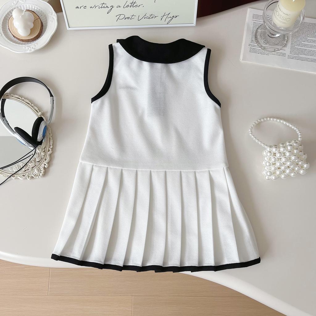 Summer Girls Sleeveless Polo Collar Pleated Dress Cute Preppy Princess Dress For Kids Casual Party Wear