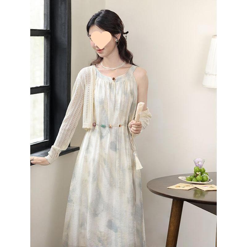 Plus Size Women's Ink Wash Strappy Dress & Sun Protection Cardigan Two-Piece Set