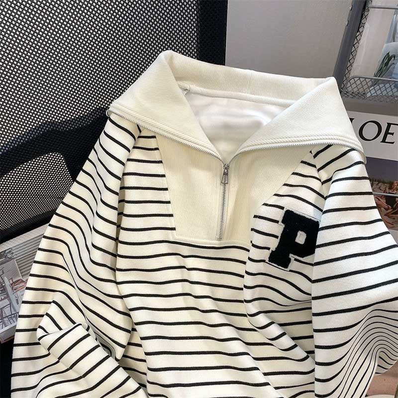 Hanorac de damă Vintage cu jumătate de fermoar Tricou polo de zi cu zi Jachetă cu dungi retro în dungi