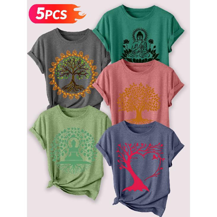 Zen-inspirierter Baum des Lebens Lotus Meditation Künstlerischer Druck Fünfteiliges Set von kurzärmeligen Damenoberteilen Elegante Sommerparty-Outfits Wesentliche Mode