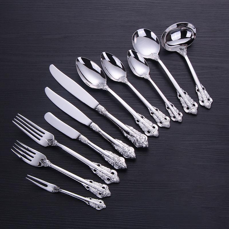 European Retro Stainless Steel Embossed Cutlery Set: Steak Knife, Fork, Spoon, Cake Fork, Dessert Fork, Soup Ladle