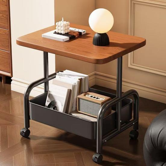 Rolling Double Layer Side Table with Storage Shelf Living Room Bedroom Sofa Couch Bedside Coffee Tea Table Desk Cart with Lockable Wheels