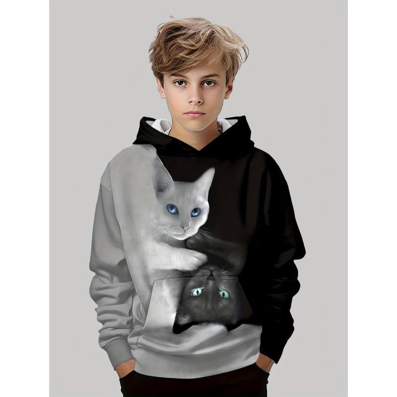 Jungenbekleidung Kawaii Katzenmuster Herbst Kapuzenpullover Lässige Mode 3-14J Sweatshirt für Jungen Outdoor Bequeme Kinderbekleidung