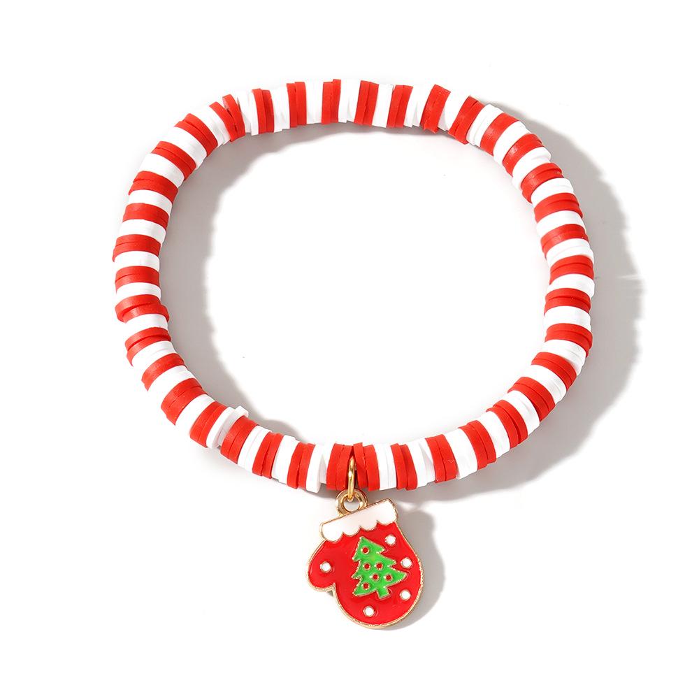 Christmas Clay Beaded Bracelet with Tree, Snowman, Bell & Reindeer Pendants In Red, White & Green - Festive Hand Jewelry