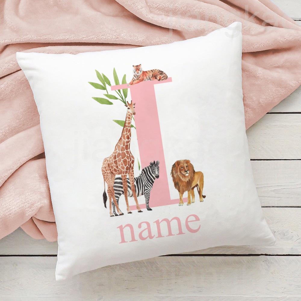 Personalized Pillow Case Initial with Name Safari Animal Pillow Cover Kids Bedroom Wild Party Decor Kids Birthday Shower Gift