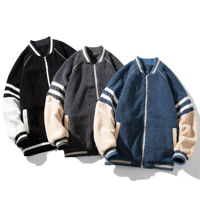 Men's winter new lamb wool harbor style splicing baseball jersey men's and women's loose couple ins jacket student