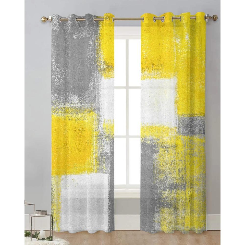 Oil Painting Abstract Geometric Yellow Gray Sheer Curtains for Living Room Decoration Window Curtain Kitchen Tulle Voile Drapes