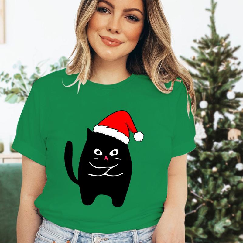 Christmas Black Santa Cat Trend Style Short Sleeve Tshirt Womens Christmas Gift Cute Animals Lovers Cartoon Classic Tshirts