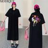 MODIQUE Summer Plus Size New Women Loose A-Line Printing Solid Color Long Dresses Elegant Lady Casual Cotton POLO Short Sleeve Skirt