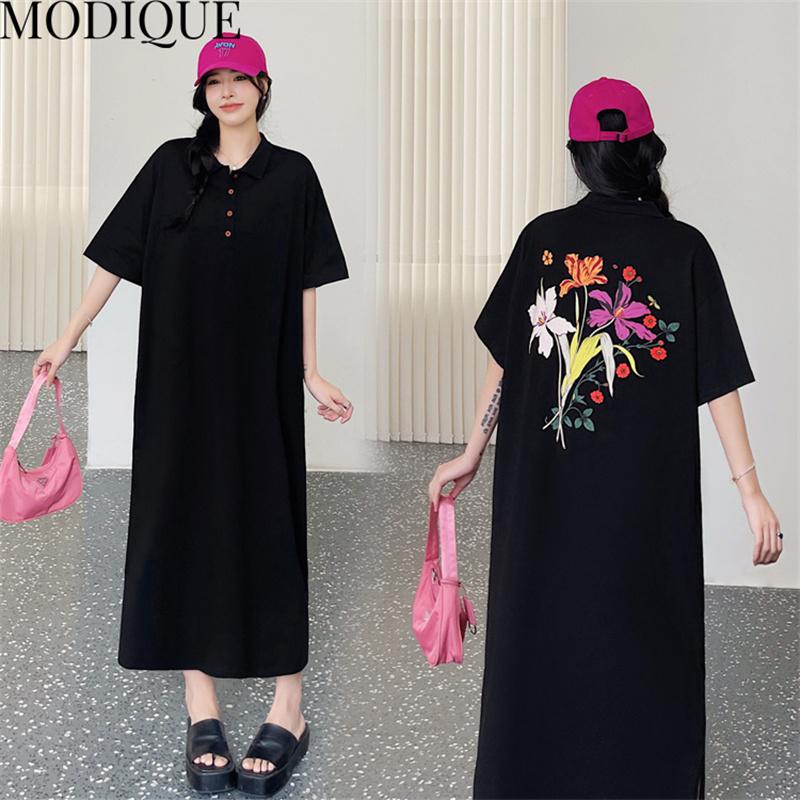 MODIQUE Summer Plus Size New Women Loose A-Line Printing Solid Color Long Dresses Elegant Lady Casual Cotton POLO Short Sleeve Skirt