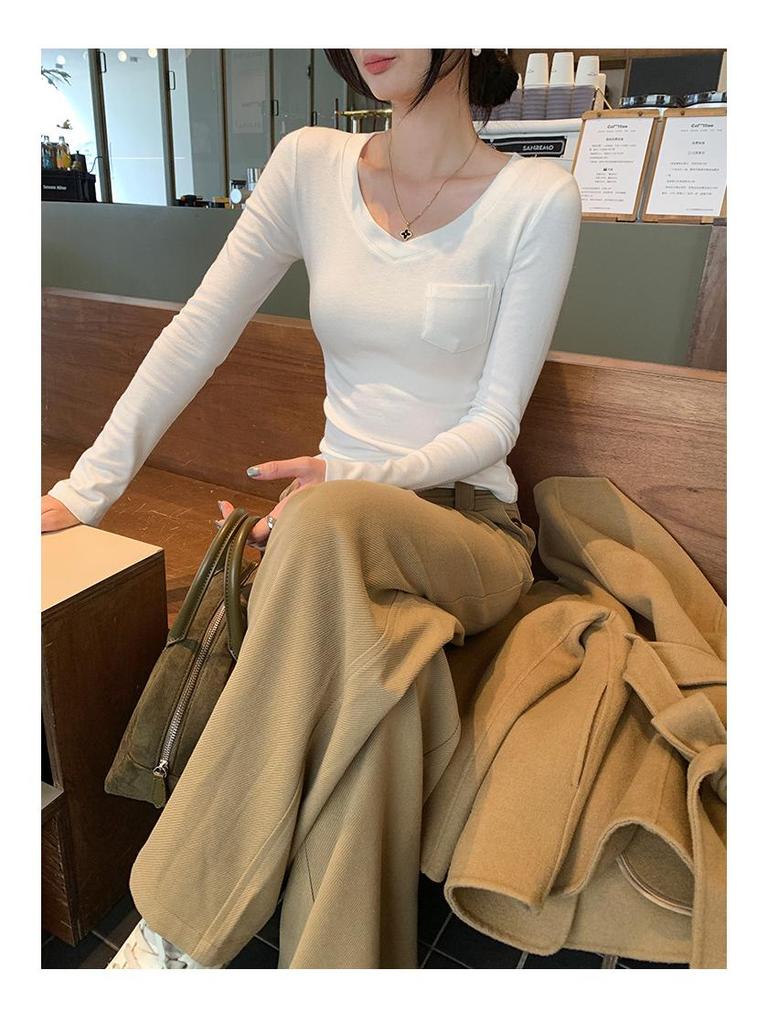 Korean Style Pink V-Neck Slimming Cropped Long Sleeve Women's Top - Autumn/Winter Collection