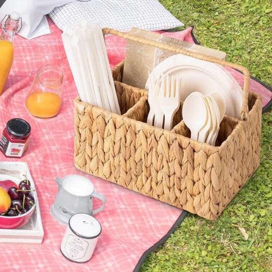 Yousheng Woven Storage Basket with Handle 4 Compartments Handcrafted Natural Utensil Organizer for Kitchen Countertop Picnic BBQ Portable Cutlery