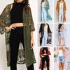 Women Cardigan See-through Thin Lace Embroidery Three Quarter Sleeve Solid Color Mif Length Loose Open Stitch Lady Beach Vacation Cover Up